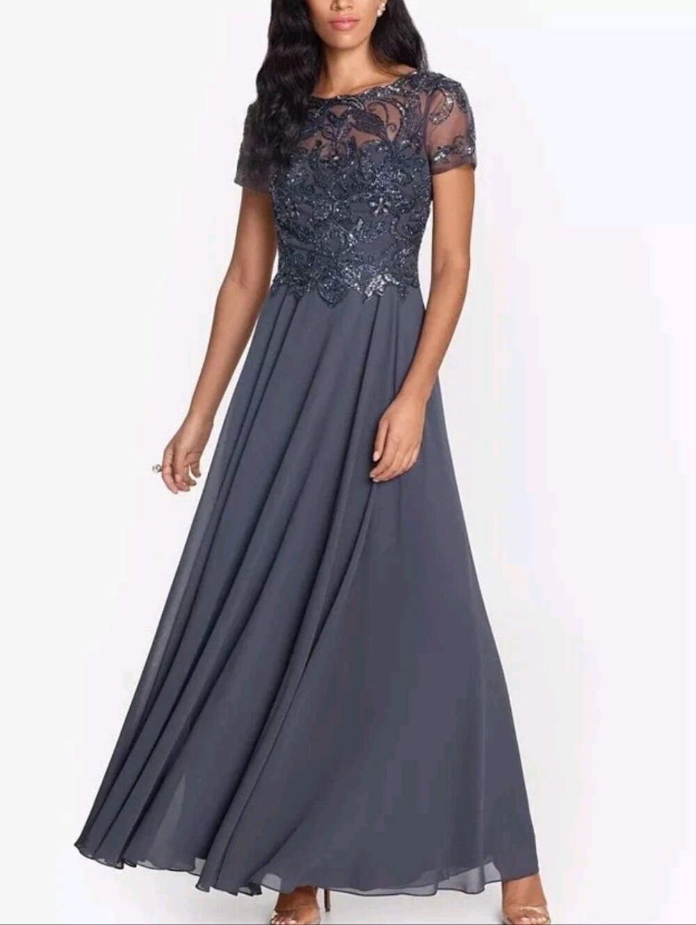 Xscape Size 8 Formal Beaded Navy Grey Evening Gown Moves Beautifully